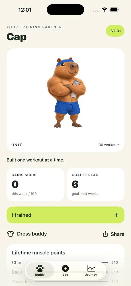 GAINimals Buddy screen with a grown capybara and workout progress
