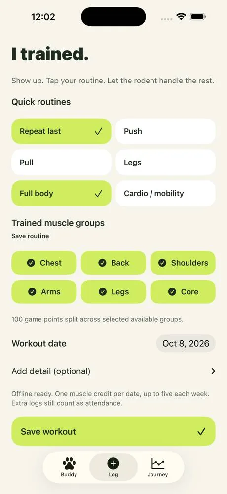 Workout log with routine and muscle group choices