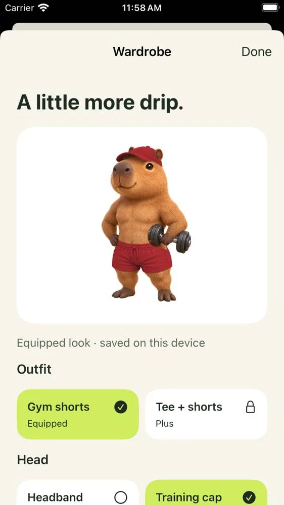 Wardrobe with capybara outfits, colors, and accessories